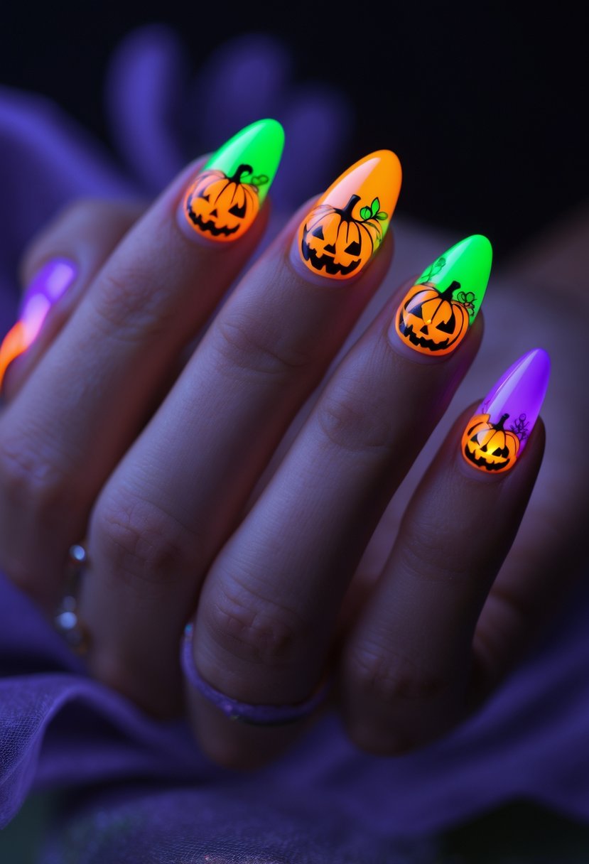 Close-up of hands with glowing pumpkin-themed nails featuring neon accents.