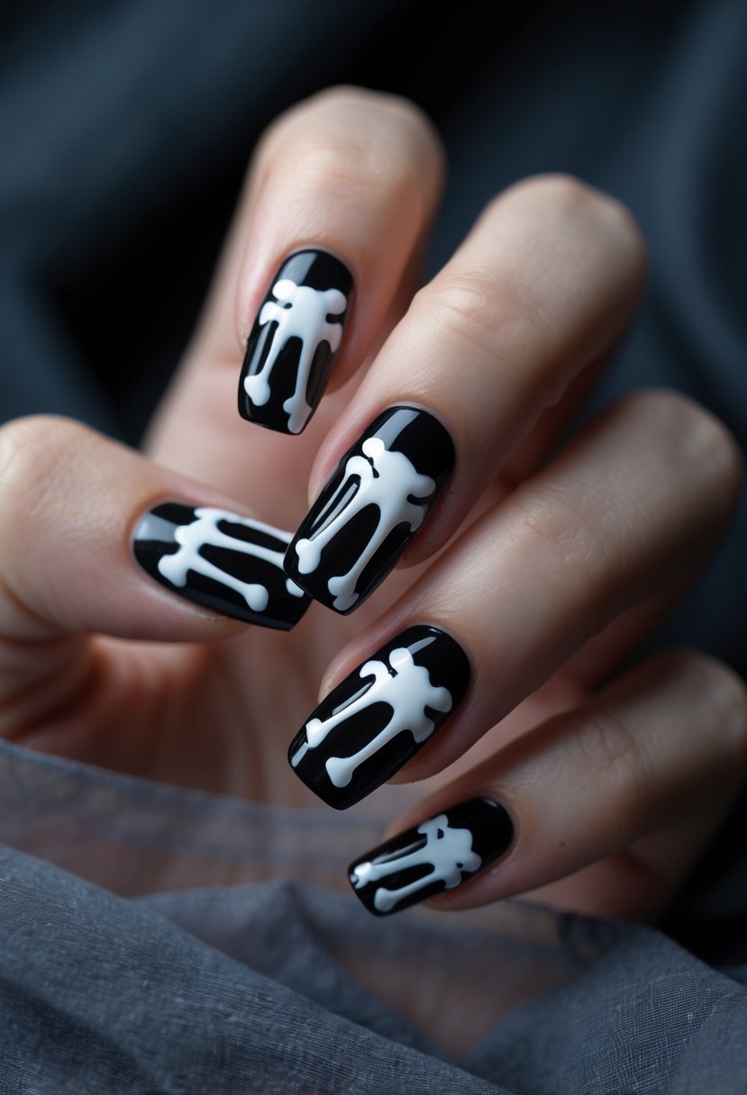 Close-up of a hand with black and white skeleton finger nail designs.