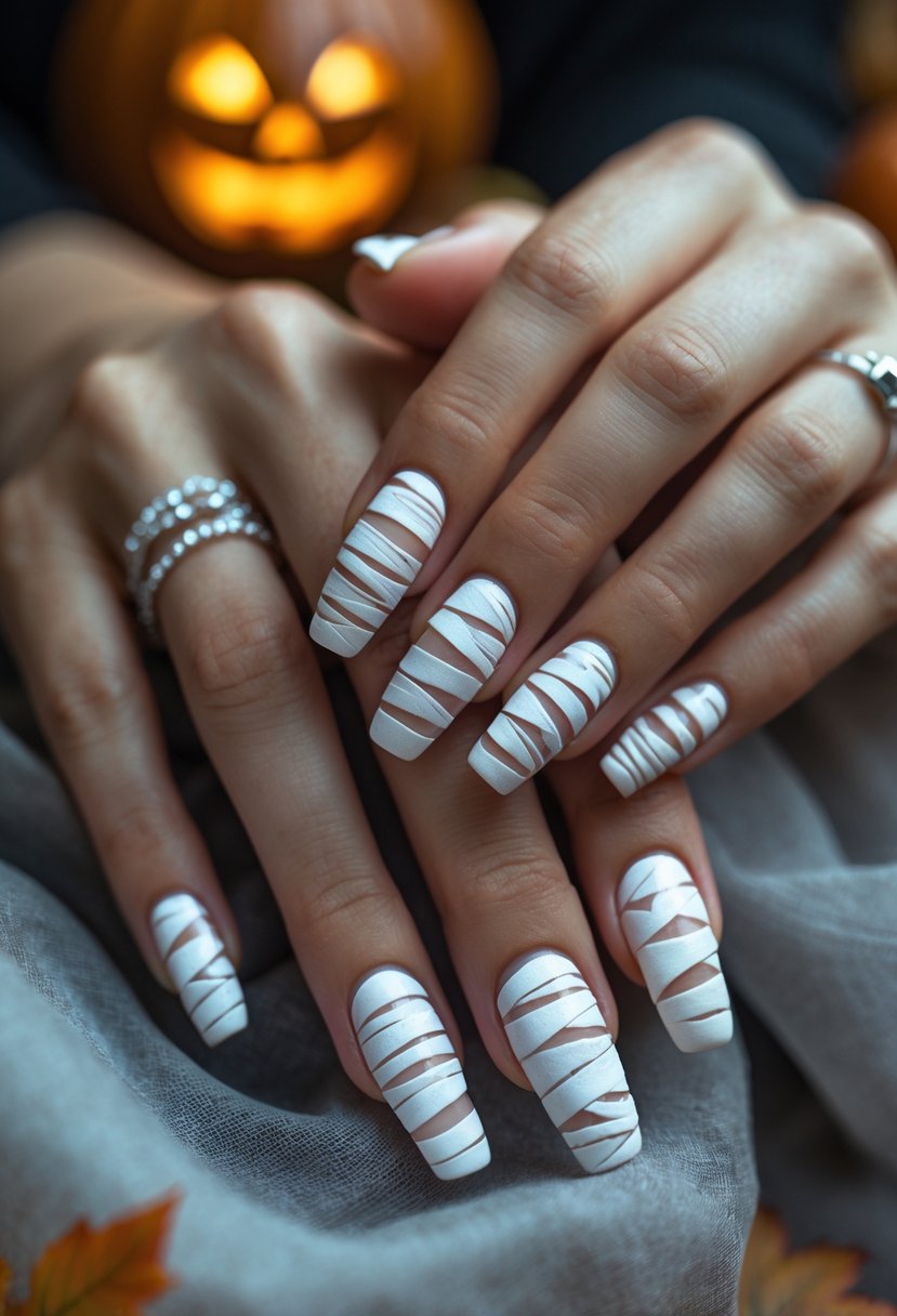 Close-up of hands with Halloween-themed mummy wrap nail art featuring white bandage-like designs on the nails.