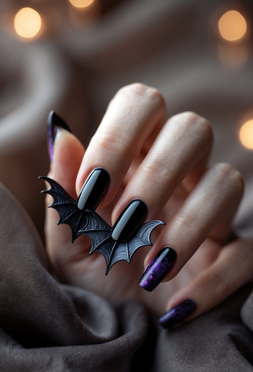 Close-up of hands with Halloween-themed nails featuring 3D bat wings on the ring fingers.