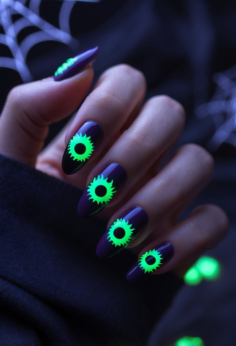 Close-up of a hand with Halloween-themed nails featuring glowing monster eyes on each nail.