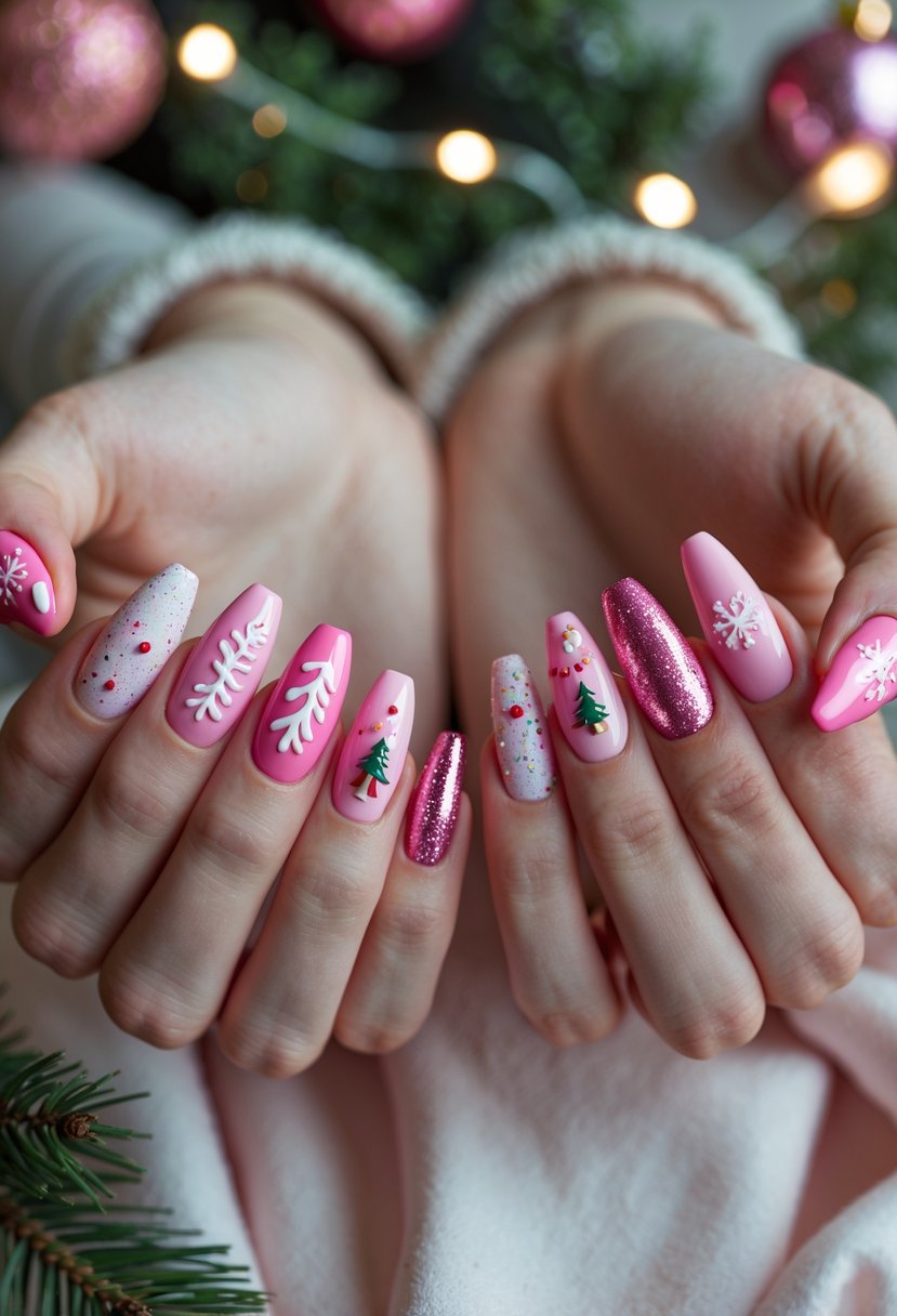 Close-up of hands with sixteen pink Christmas-themed nails featuring festive designs like snowflakes and candy canes.
