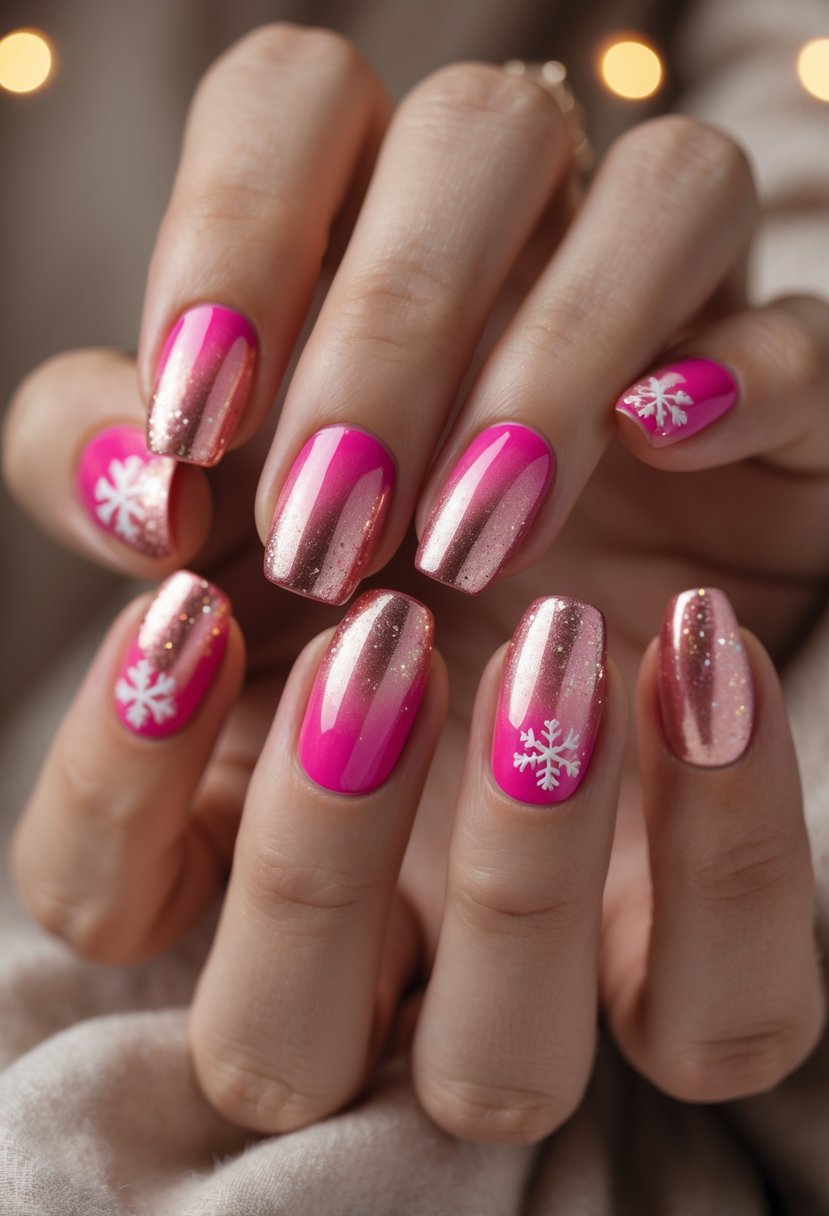 Close-up of hands with rose gold to pink gradient nails decorated with subtle glitter and snowflake designs.