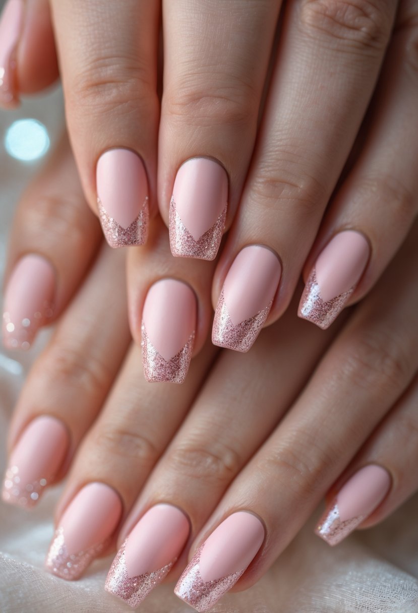 A close-up of a hand with 16 matte blush pink nails featuring sparkling tips.