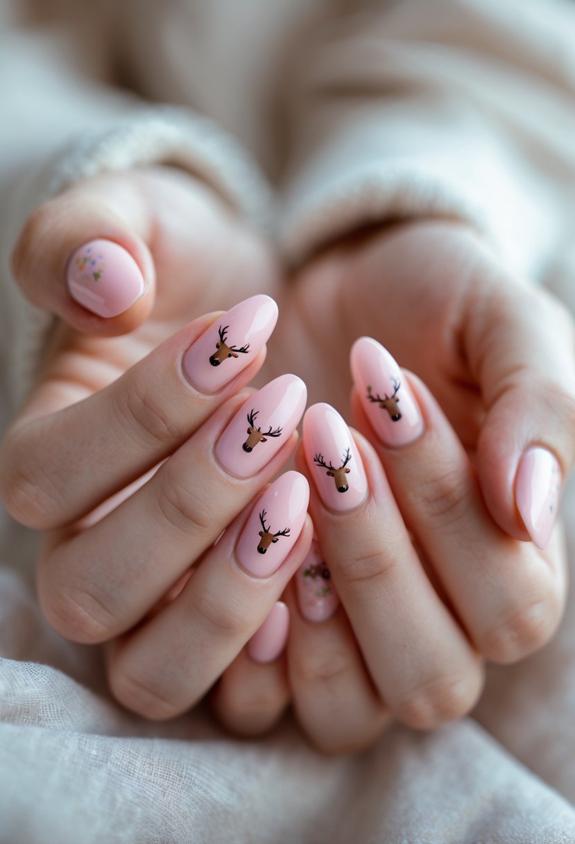 Close-up of hands with soft pink nails featuring small reindeer designs.