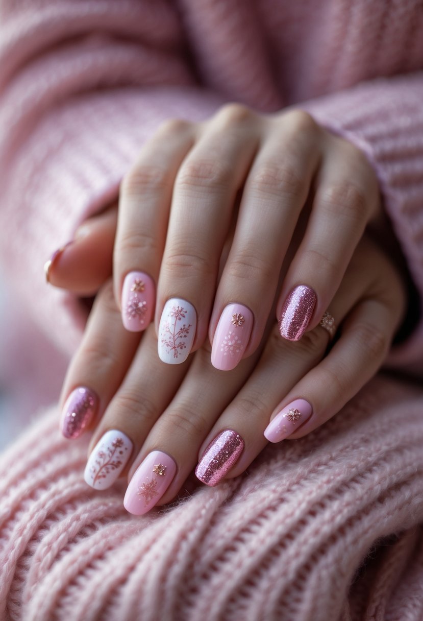 Close-up of hands with pink Christmas-themed nails resting on a soft pink knitted sweater.