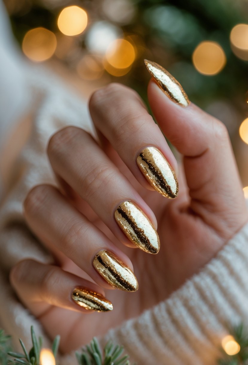 Close-up of a hand with almond-shaped nails decorated with gold foil details, set against a softly blurred festive background.