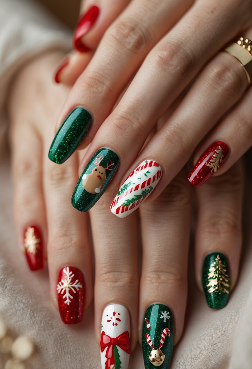 Close-up of hands with 23 different Christmas-themed nail designs featuring festive colors and holiday patterns.