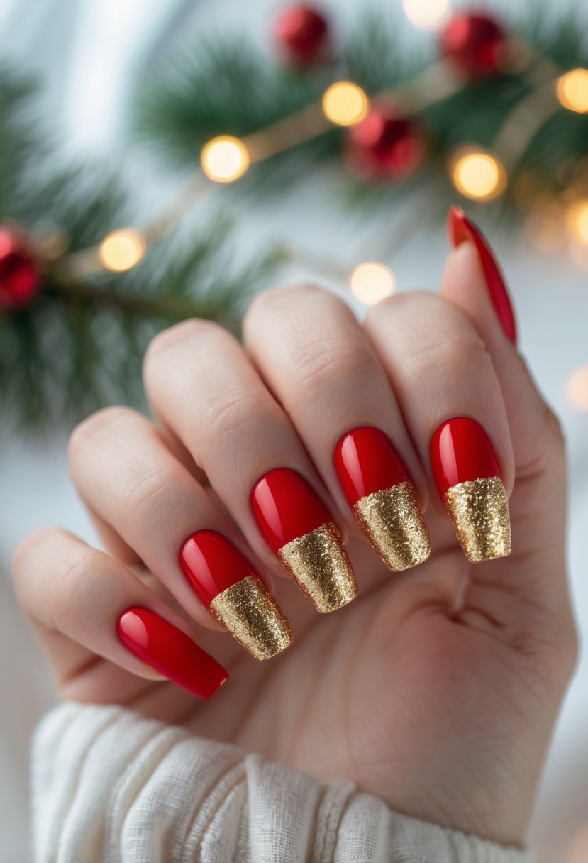 Close-up of a hand with red nails featuring gold glitter tips resting on a white surface with blurred holiday decorations in the background.