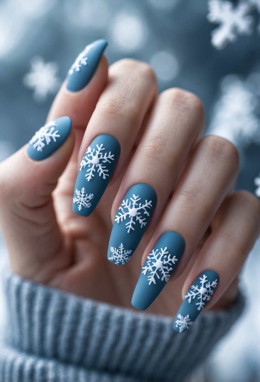 Close-up of a hand with matte blue nails decorated with white snowflake designs.