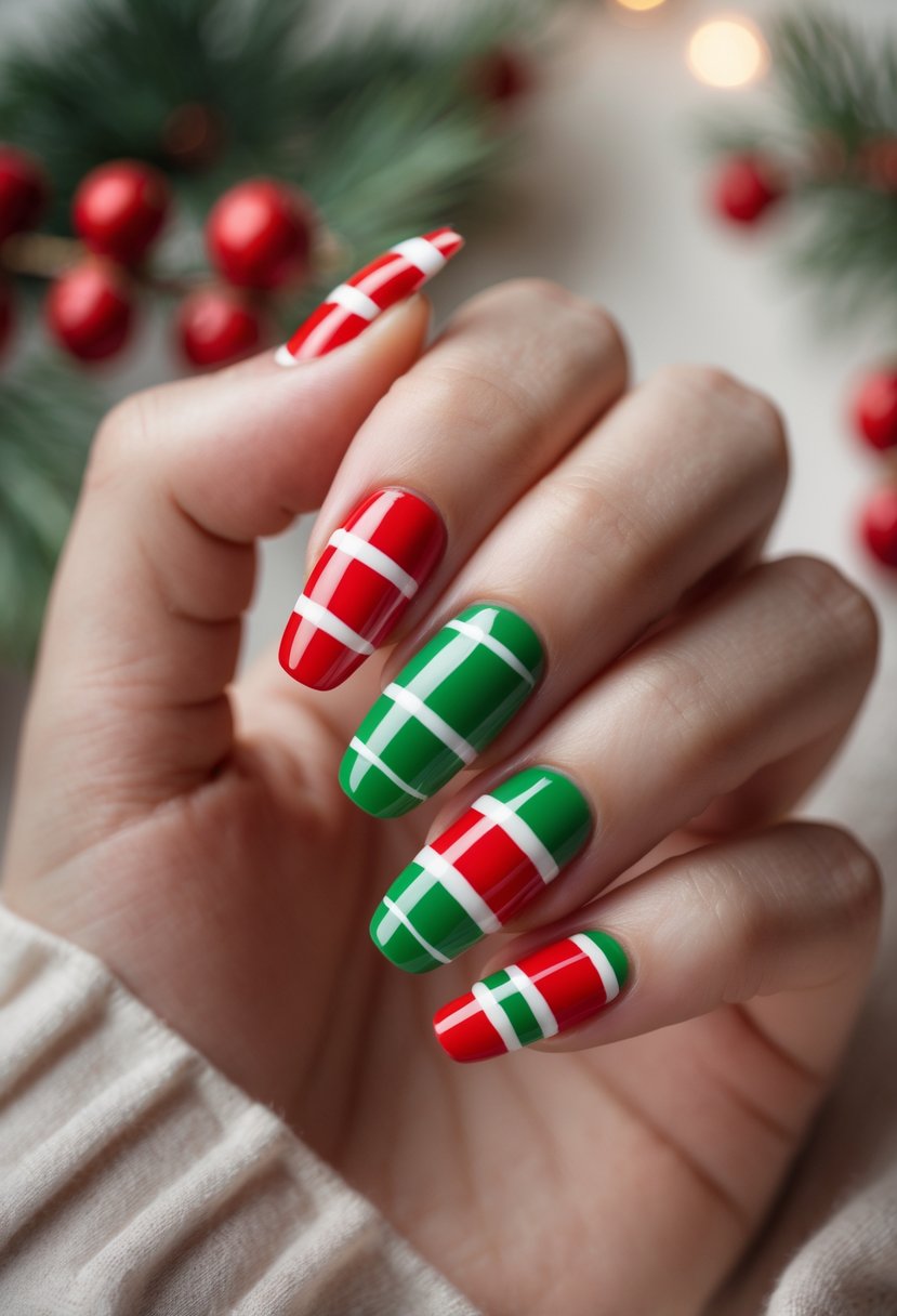 Close-up of a hand with green and red striped nails resembling candy canes, resting on a soft background with holiday decorations.