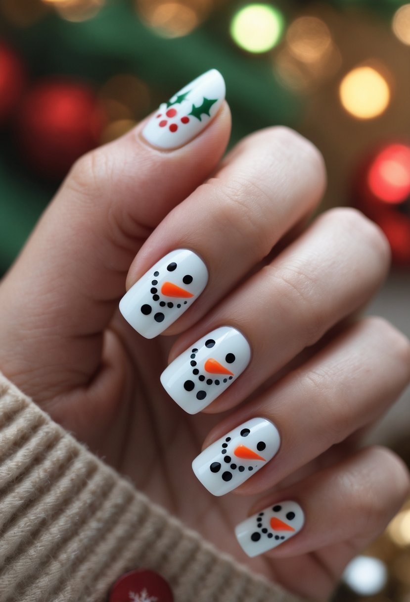 Close-up of a hand with Christmas-themed nails featuring a snowman face design.