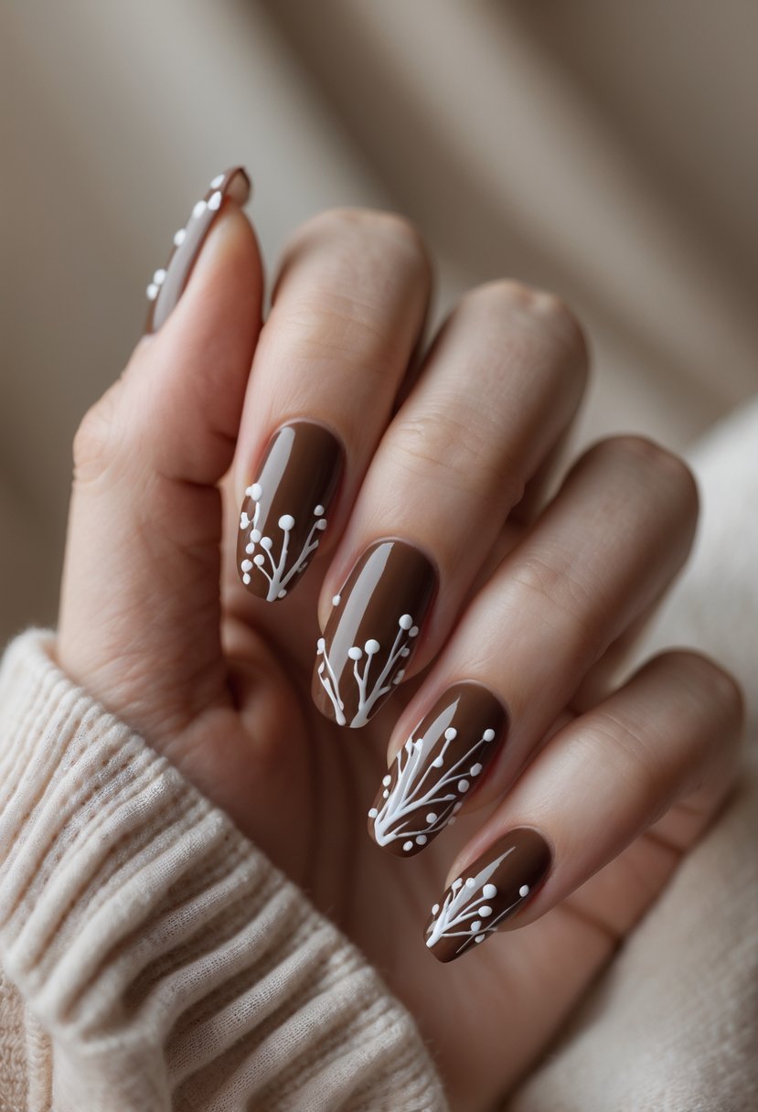 Close-up of a hand with chocolate brown nails featuring white drizzle designs.