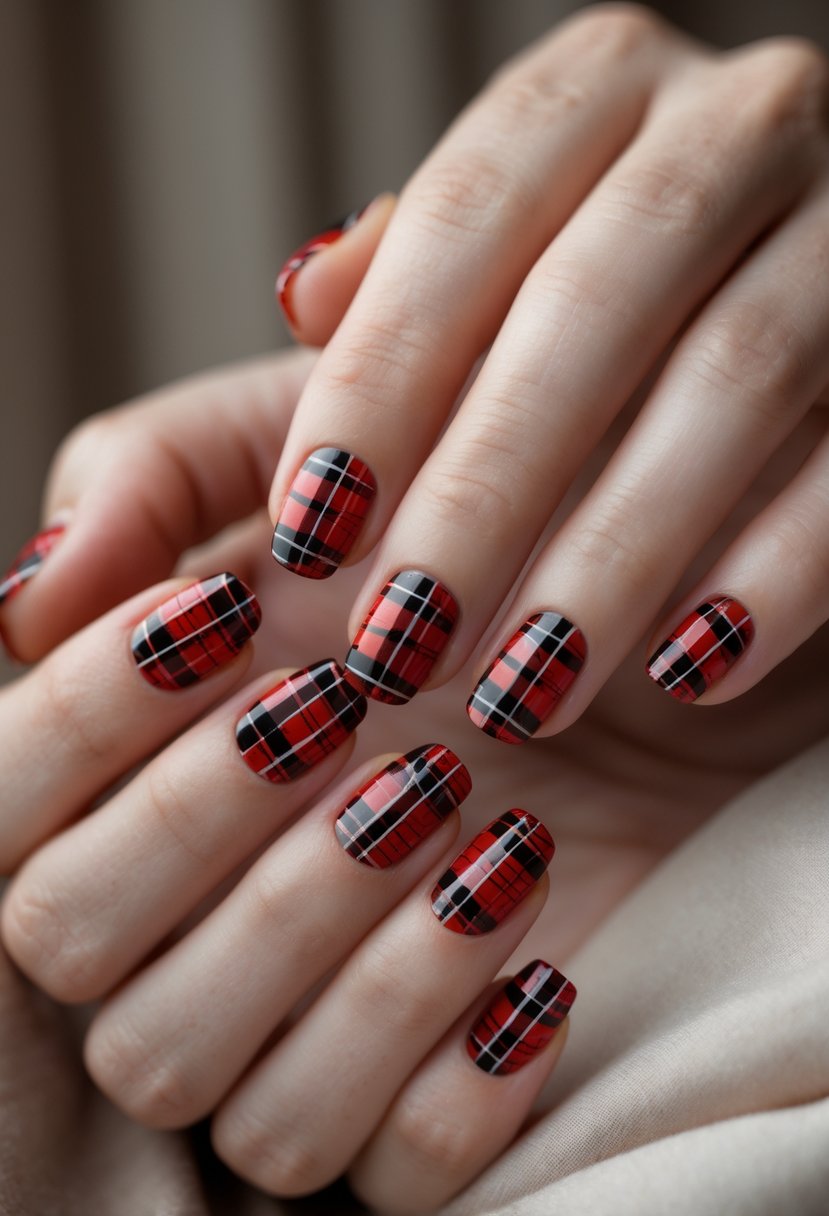 Close-up of hands with red and black plaid patterned nails posed against a neutral background.