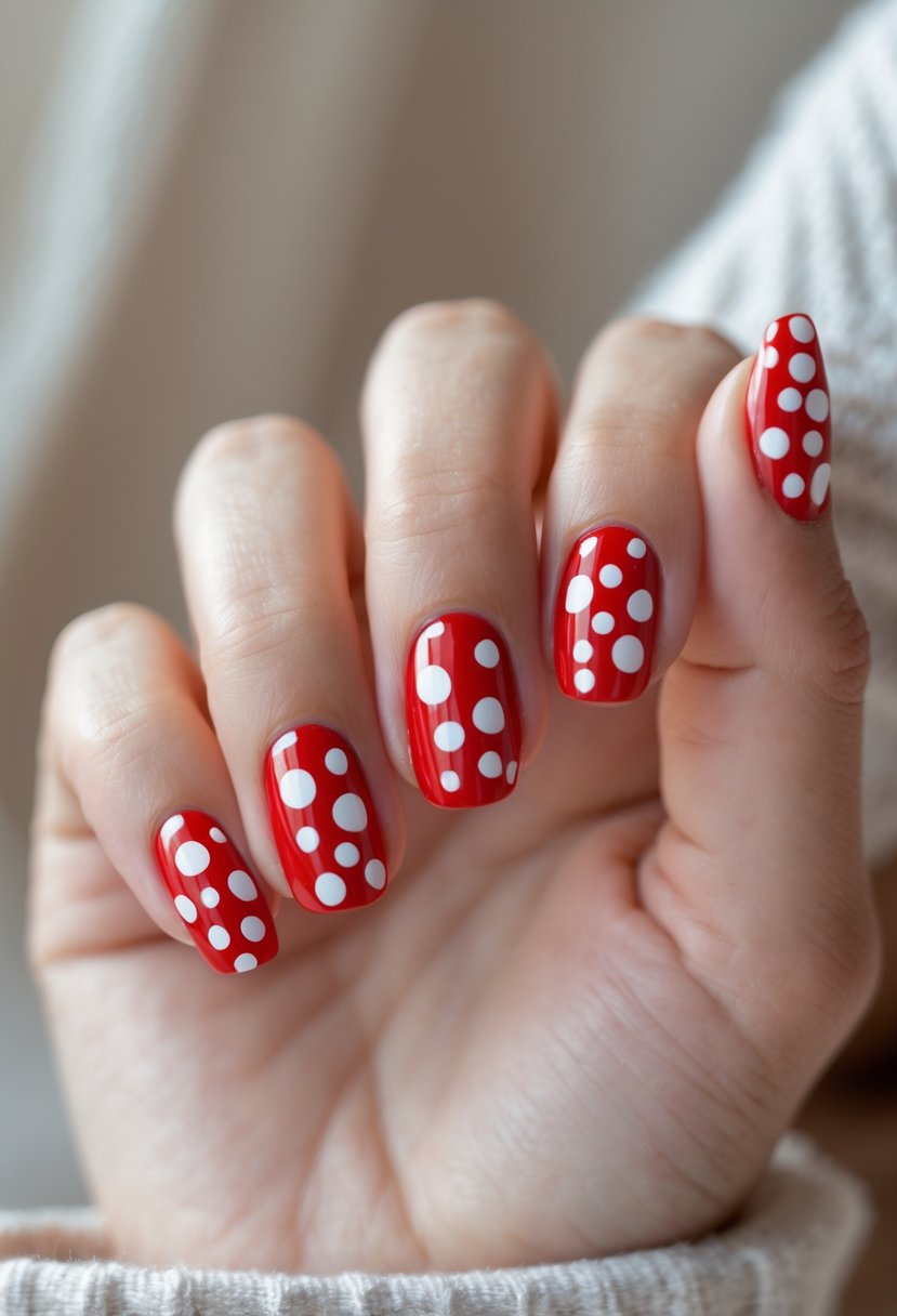 Close-up of a hand with red nails decorated with white polka dots.