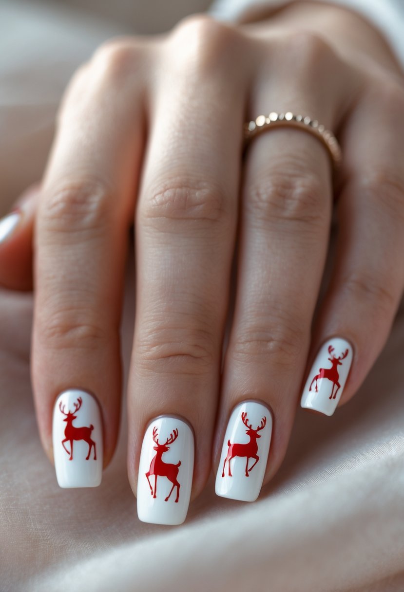 Close-up of a hand with white nails featuring red reindeer silhouettes.