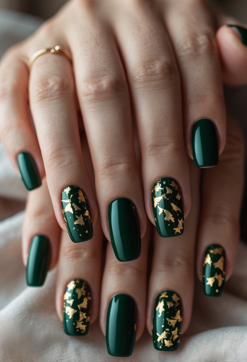 Close-up of hands with dark green nails decorated with gold foil flakes.