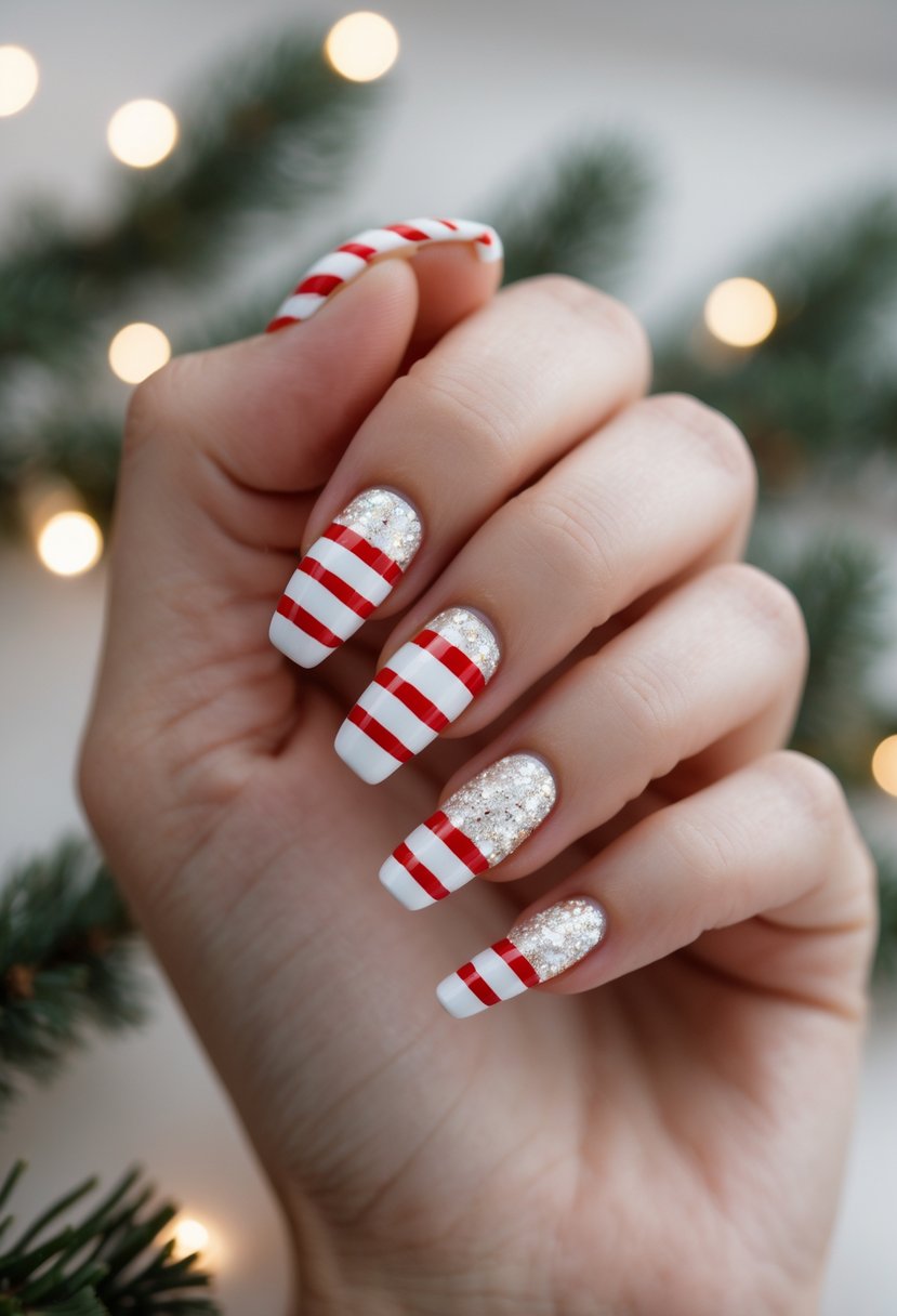 Close-up of hands with glittery white nails featuring red stripes in a festive holiday setting.