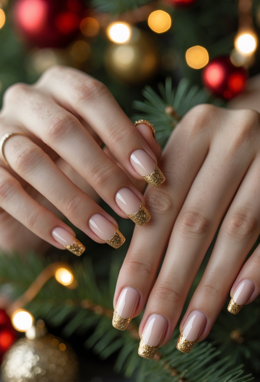 Close-up of female hands with French manicure nails featuring gold glitter tips against a festive Christmas background.