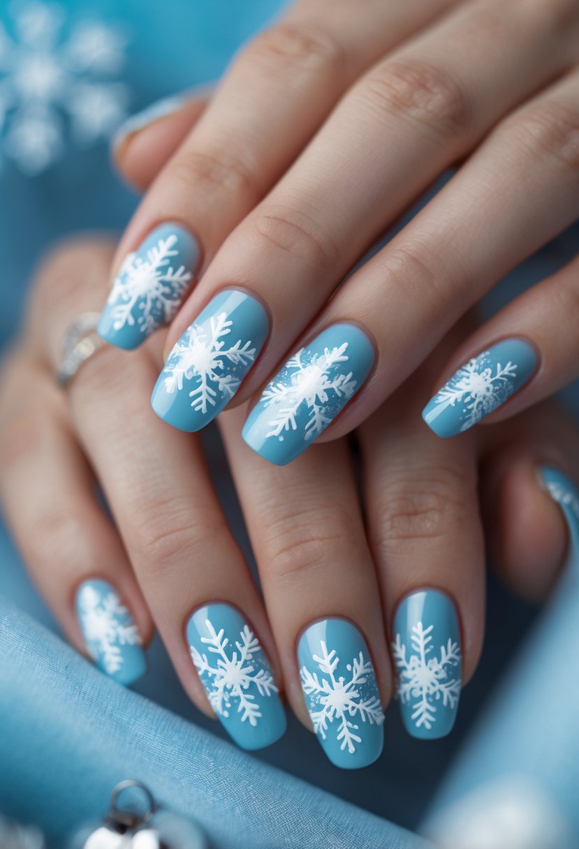 Close-up of hands with light blue nails decorated with white snowflake patterns.