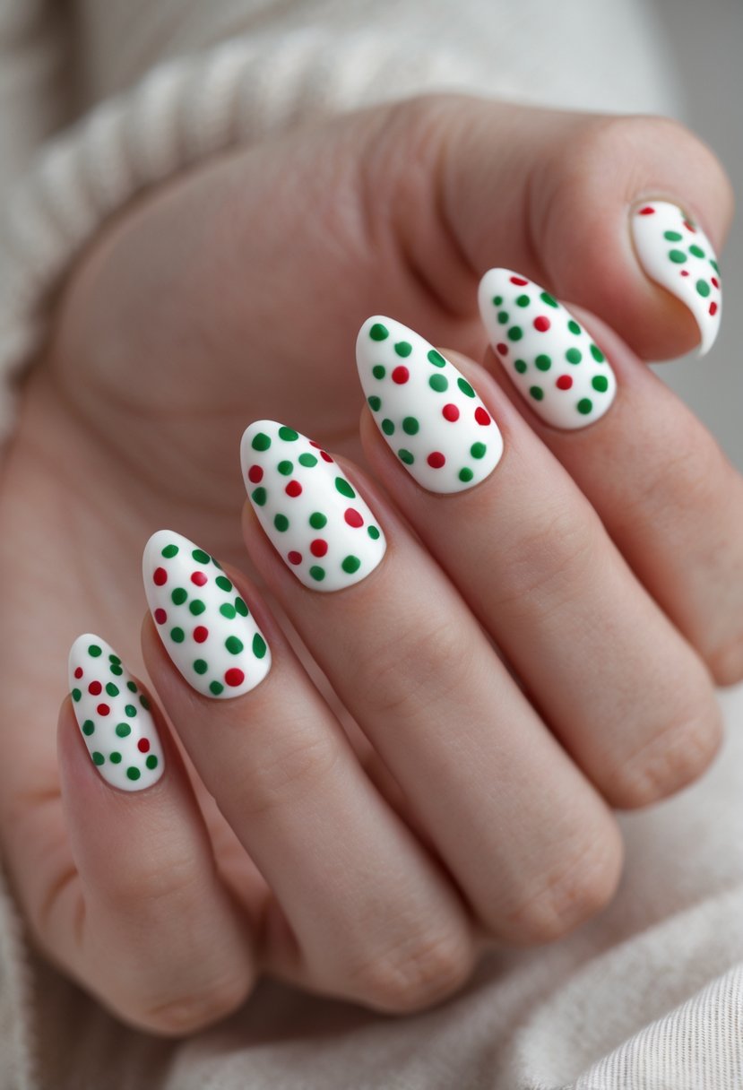 A close-up of a hand with matte white nails decorated with red and green dots.