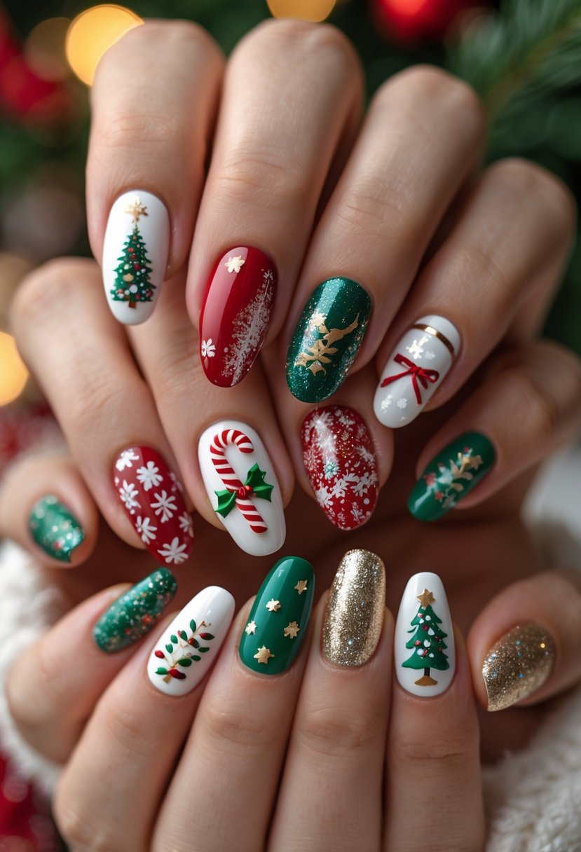 Close-up of hands showing various Christmas-themed nail art designs with festive patterns and colors.