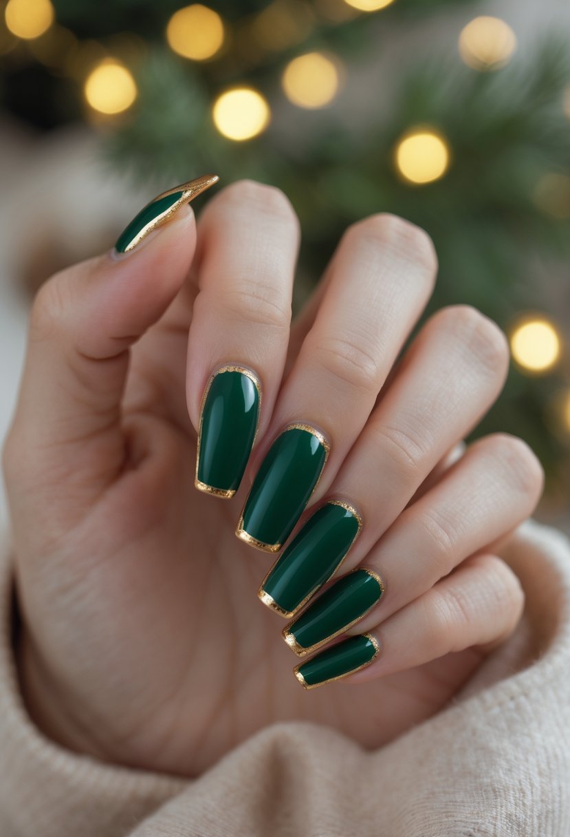 Close-up of hands with green and gold reverse French manicure against a soft background with subtle holiday decorations.