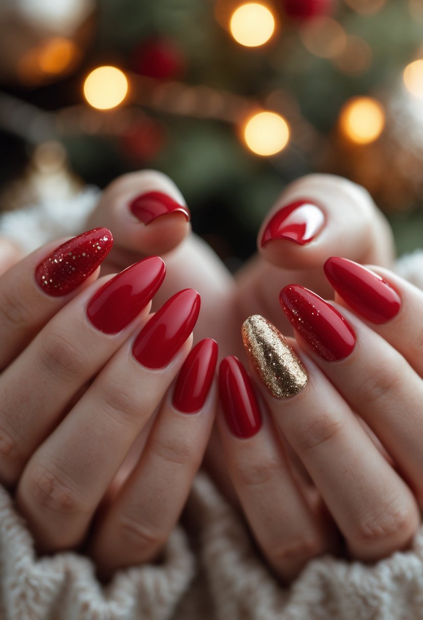Close-up of hands with red sparkly nails and gold accents against a festive background.