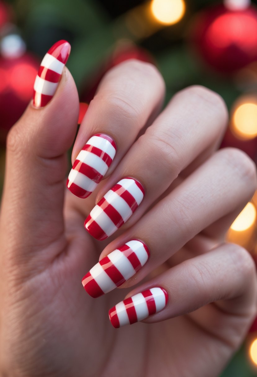 Close-up of a hand with red and white striped candy cane patterned nails.