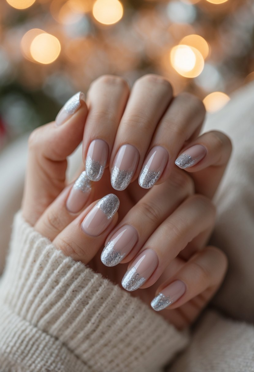 Close-up of hands with nails featuring subtle silver glitter tips.