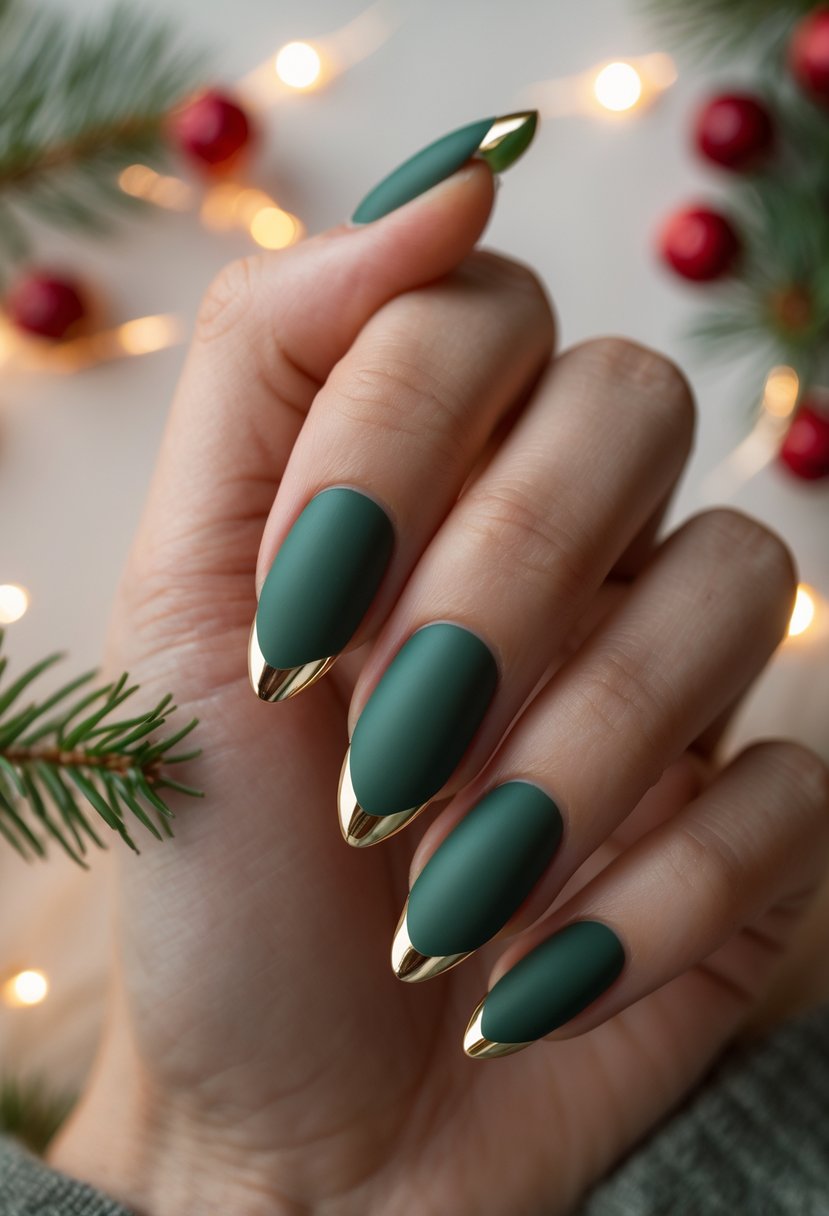 Close-up of a hand with matte green nails and glossy tips surrounded by Christmas decorations.