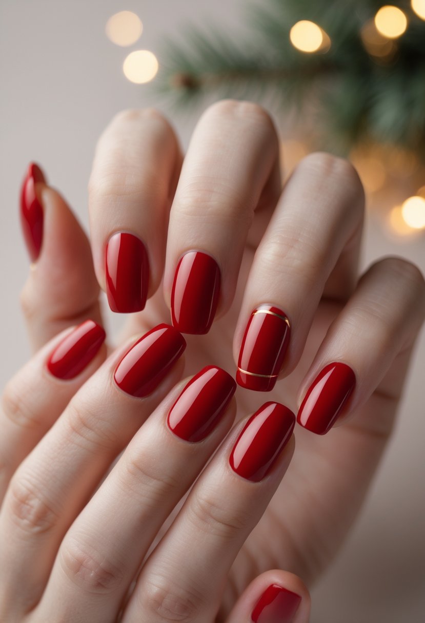 Close-up of hands with red nails decorated with thin gold lines against a soft background with subtle holiday lighting.