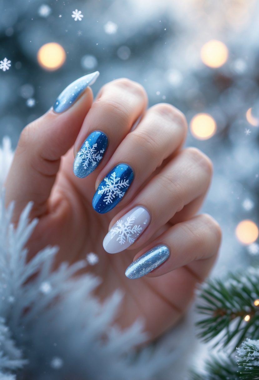 Close-up of hands with blue and white winter-themed nail art featuring snowflakes and glitter, against a soft background with snow and pine branches.