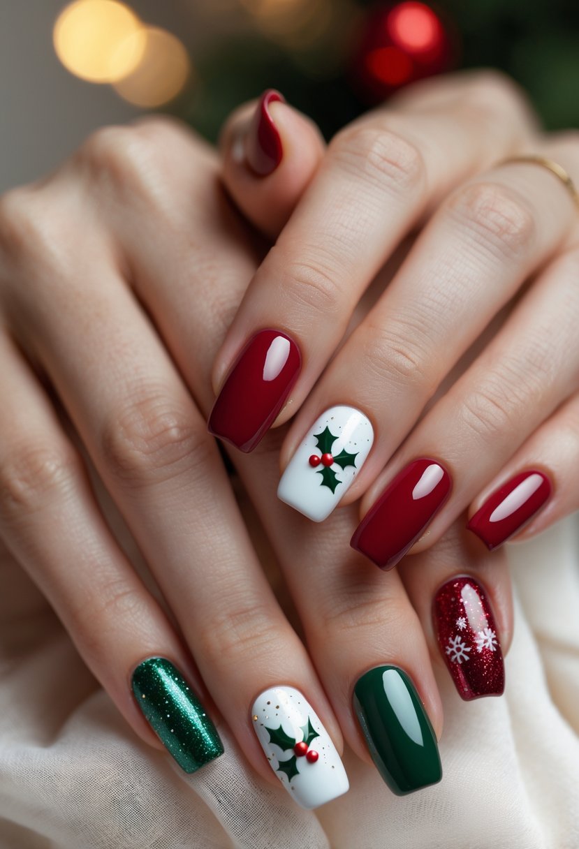 Close-up of hands with fingernails painted in different Christmas colors and festive designs.