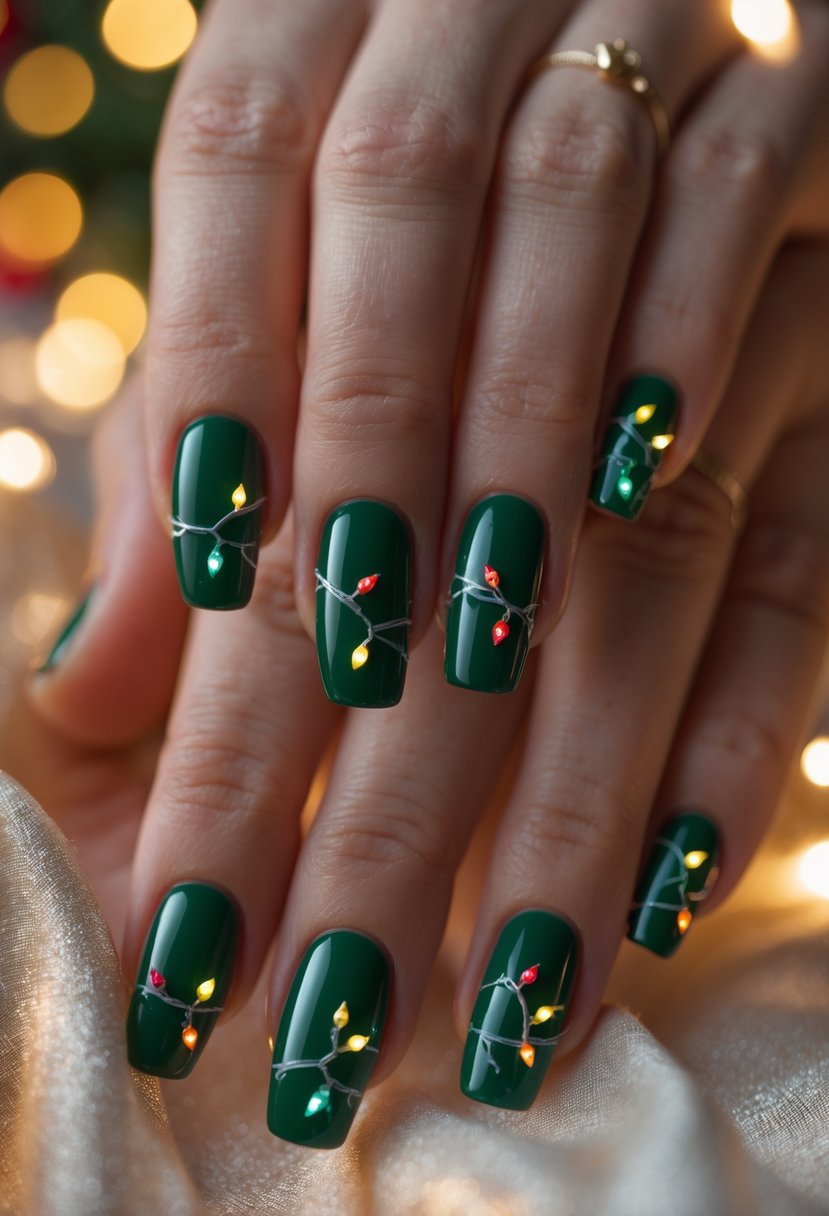 Close-up of hands with glossy green nails decorated with tiny colorful holiday lights.