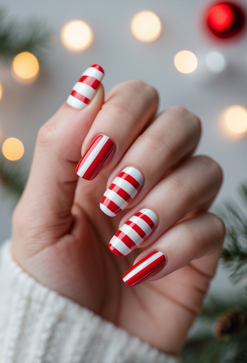 Close-up of a hand with red and white striped Christmas-themed nails against a soft festive background.