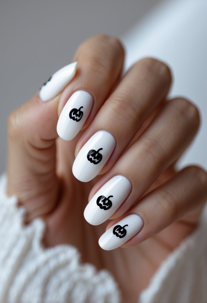 A hand with white painted nails featuring small black pumpkin designs on each nail.
