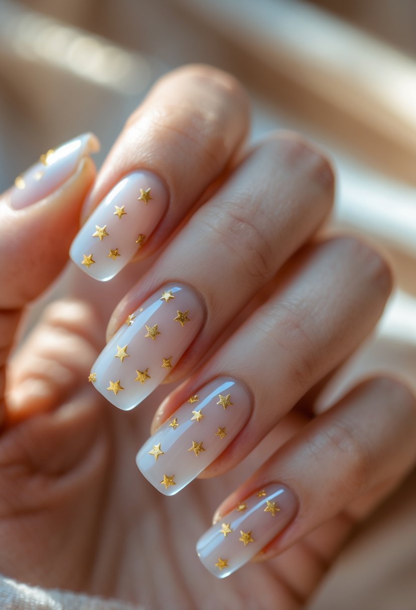 Close-up of a hand with translucent nails decorated with tiny gold stars.