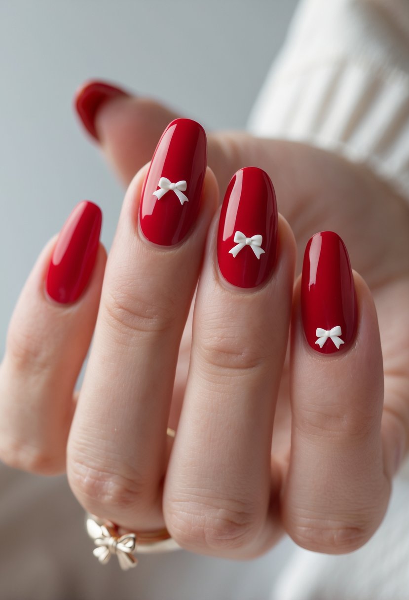 Close-up of a hand with bold red nails decorated with small white bow stickers.