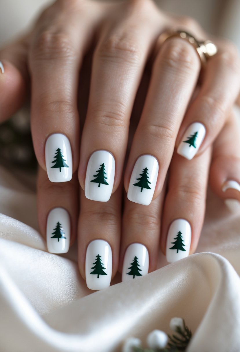 Close-up of hands with glossy white nails decorated with small Christmas tree designs.