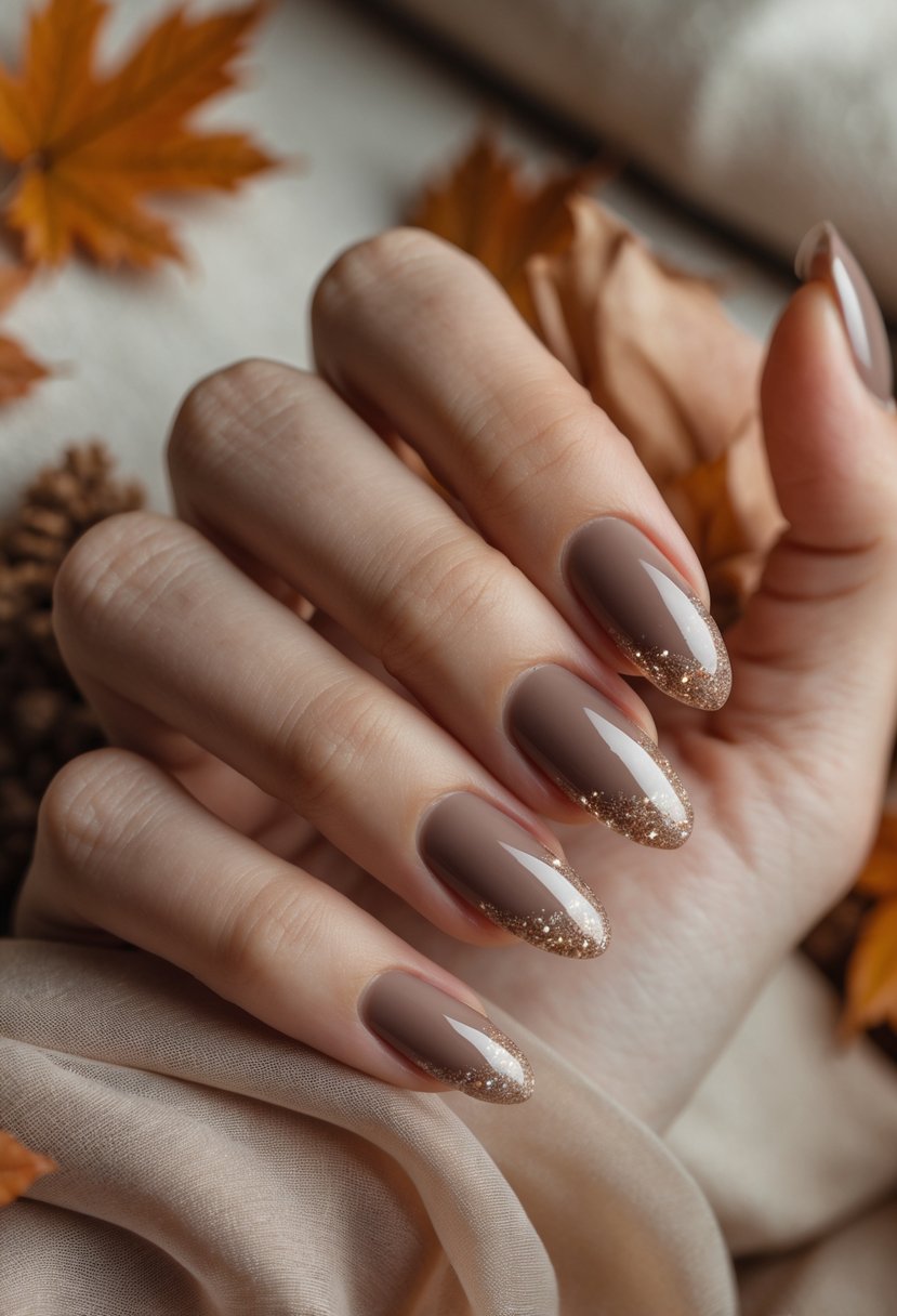 Close-up of hands with warm taupe and glittery nails surrounded by autumn leaves.