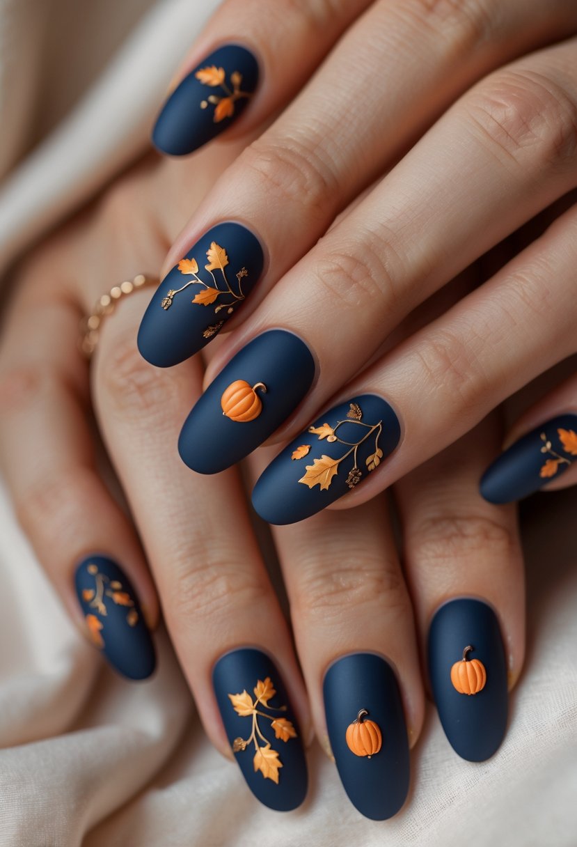 Close-up of hands with matte navy blue nails decorated with autumn-themed decals including leaves and acorns.