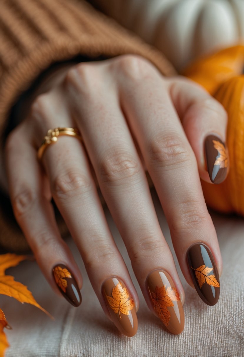 Close-up of a hand with soft mocha colored nails featuring autumn leaf designs.