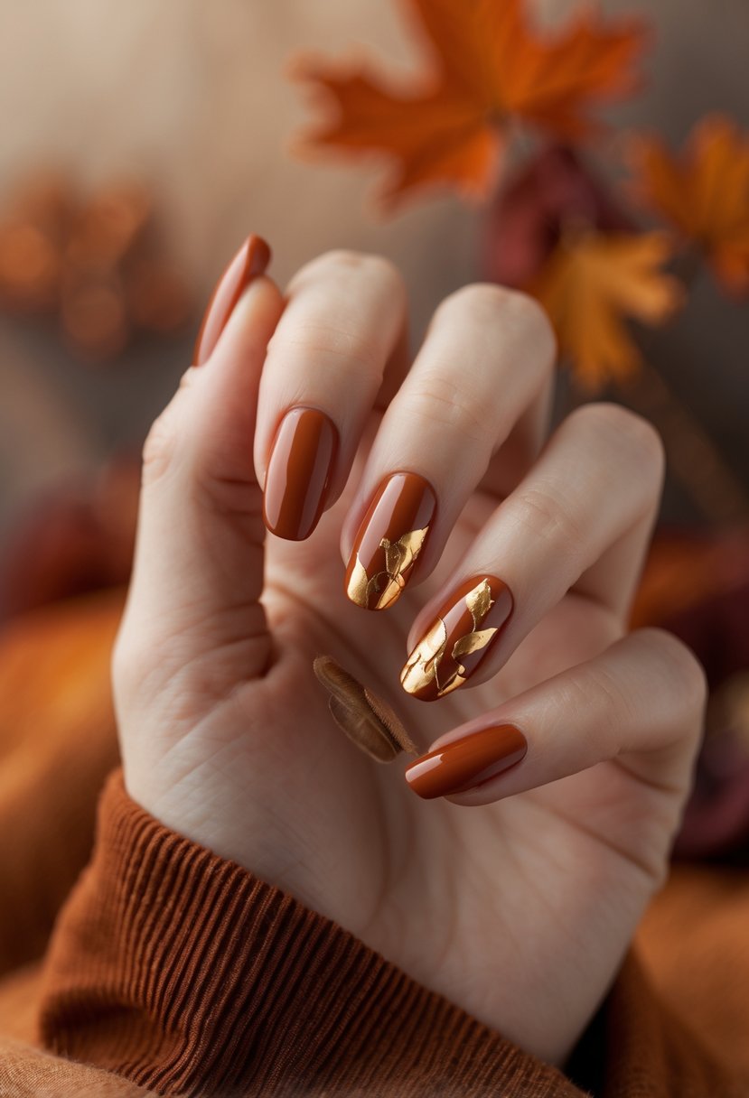 Close-up of hands with burnt sienna colored nails featuring gold leaf accents against a warm autumn background.