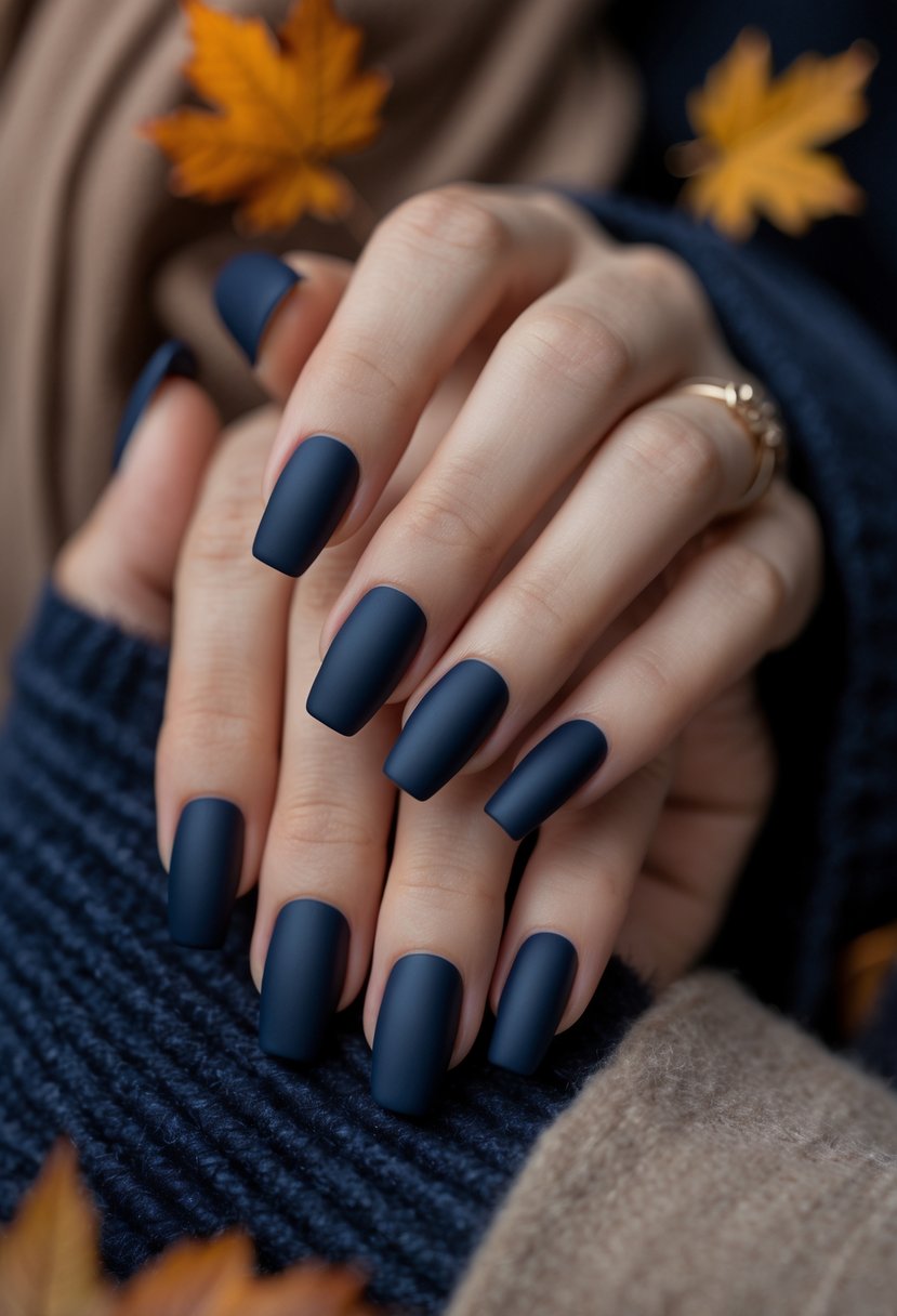 Close-up of hands with navy blue matte tip nails surrounded by autumn leaves in warm fall colors.