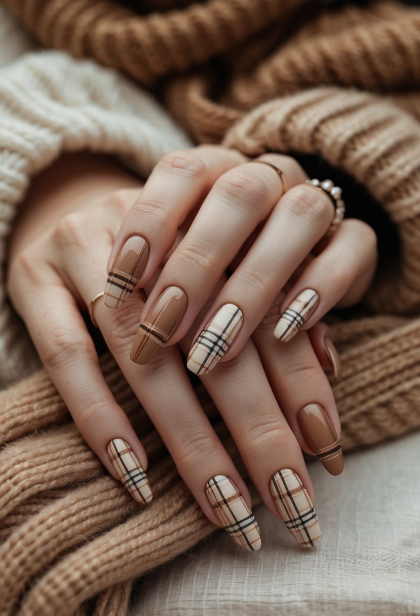 Close-up of hands with beige and brown plaid patterned nails resting on a cozy fabric background.