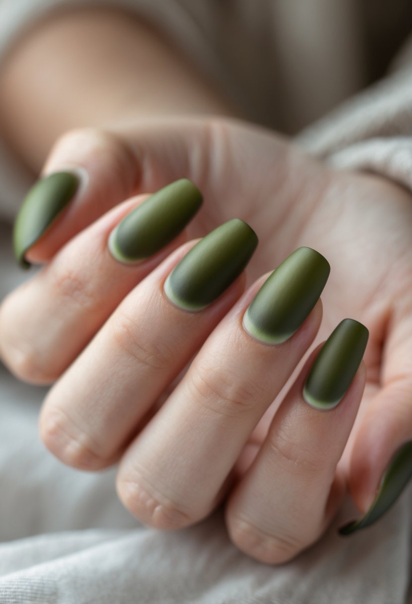Close-up of a hand with olive green ombré matte nails against a neutral background.