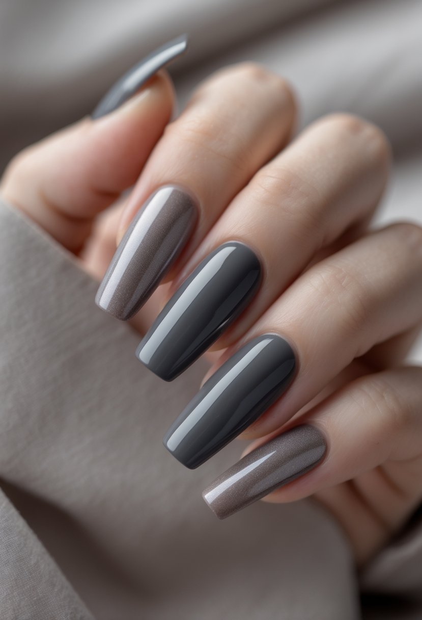 Close-up of manicured nails painted in smoky gray with alternating matte and glossy finishes.