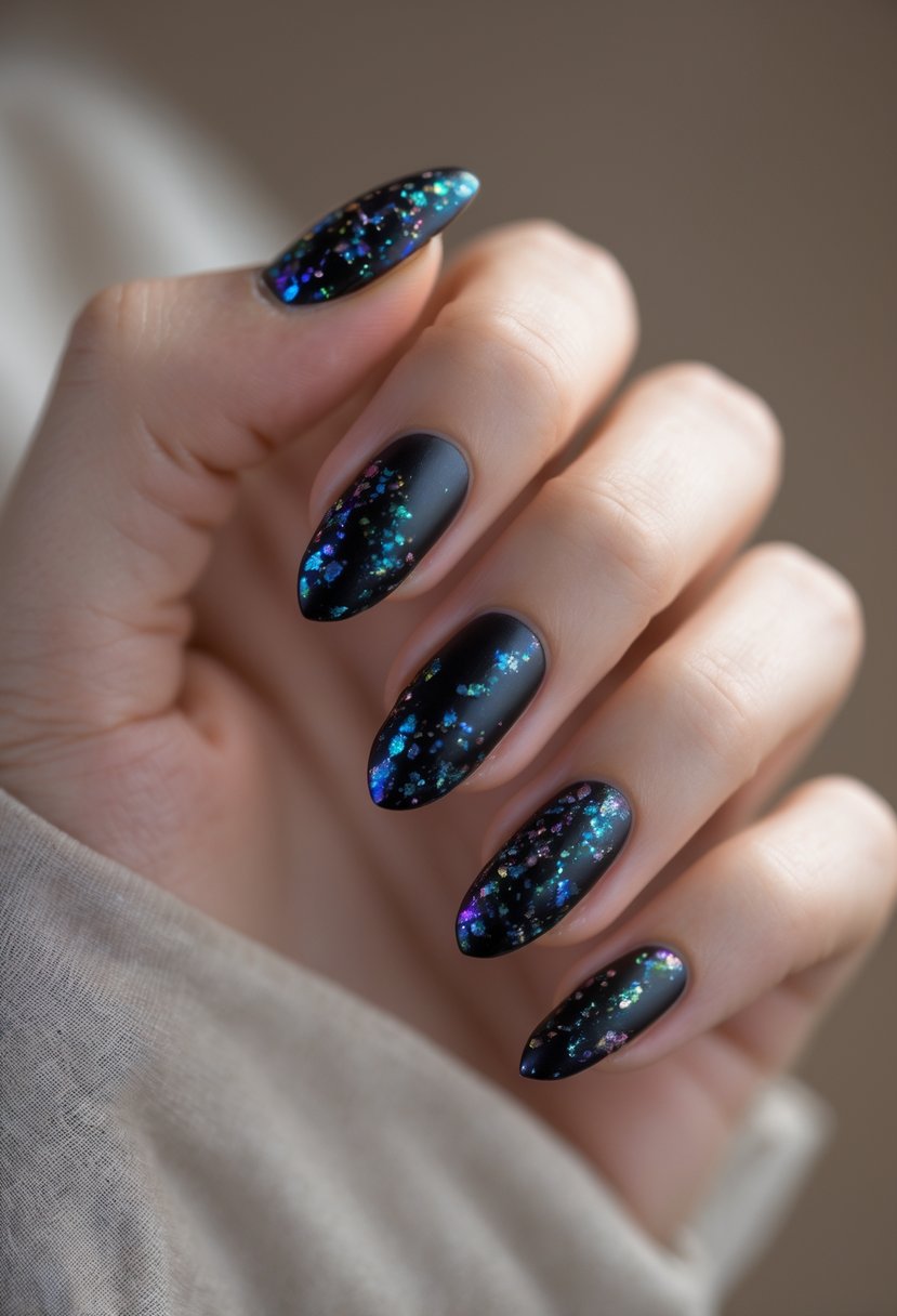 Close-up of a hand with matte black nails featuring shimmering iridescent flakes.