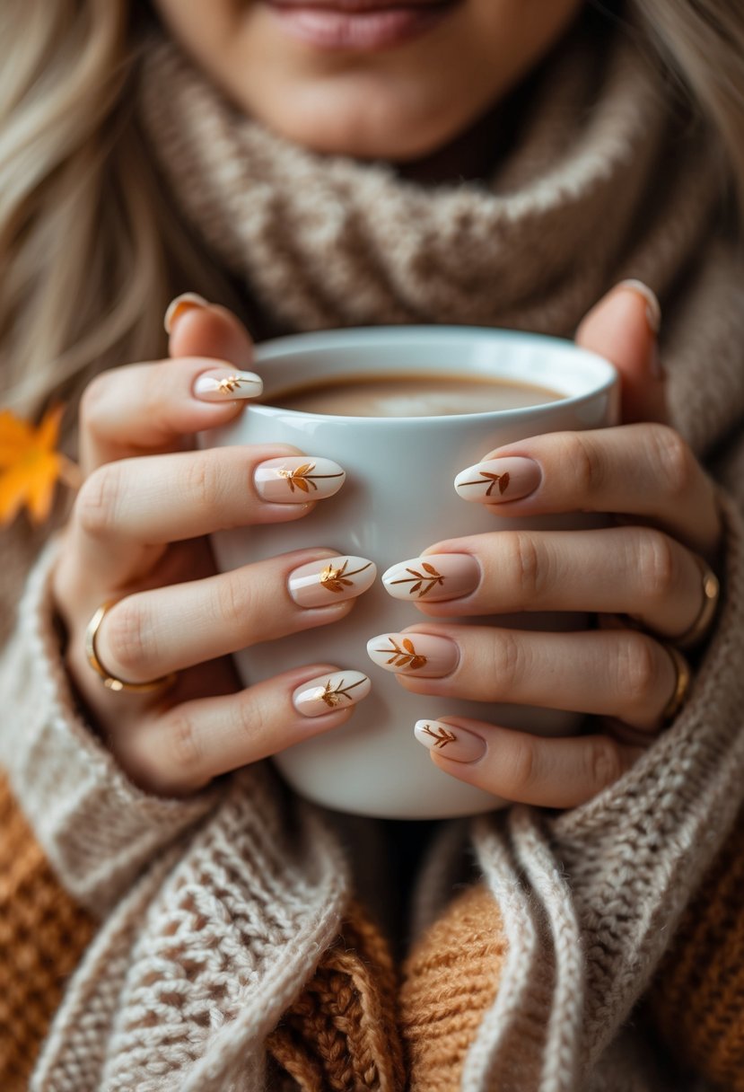 Close-up of hands with creamy beige fall-themed nails holding a warm cup, surrounded by soft autumn colors.